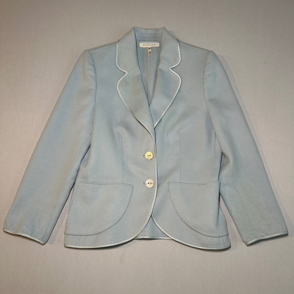 Escada Blazer Jacket Women's US 8 38 Baby Blue Virgin Wool Trim Pearl Buttons